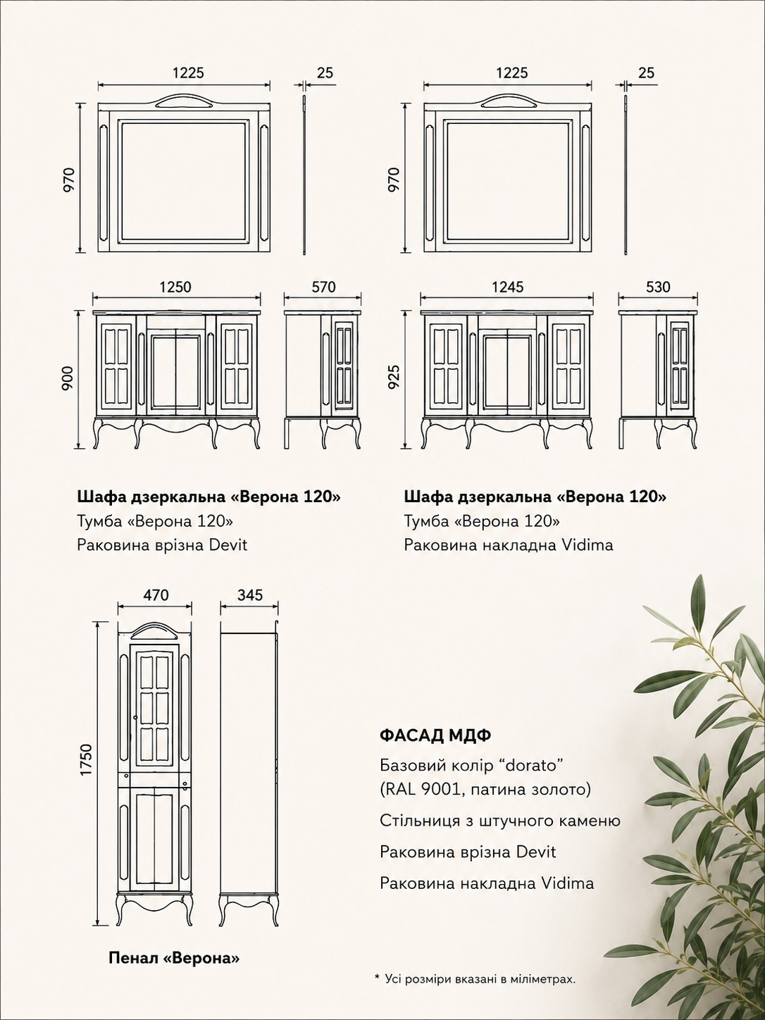 Технічне креслення меблів Verona 120 з розмірами